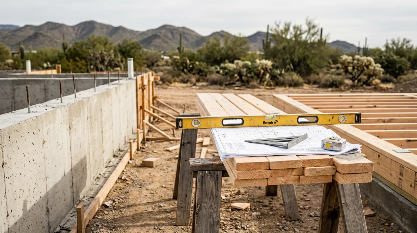 A general construction project in Peoria, Arizona showing a residential structure mid-build with framed walls and a concrete foundation under a clear desert sky. Modern Design Construction crew working on a new build in the greater Phoenix area.