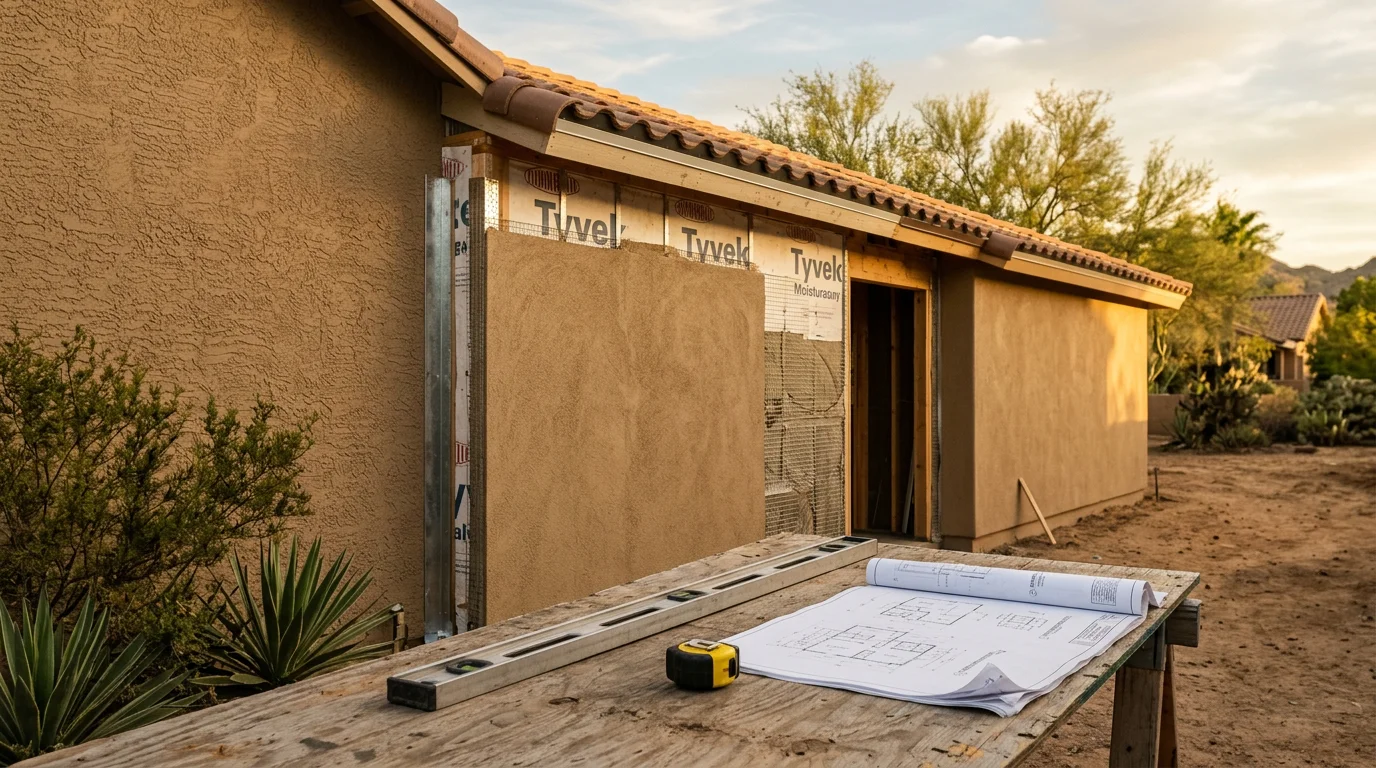 A newly completed home addition in Peoria, Arizona, showing a seamless roofline connection between the original structure and the expanded living space. The exterior finish and stucco color match the existing home against a clear desert sky.