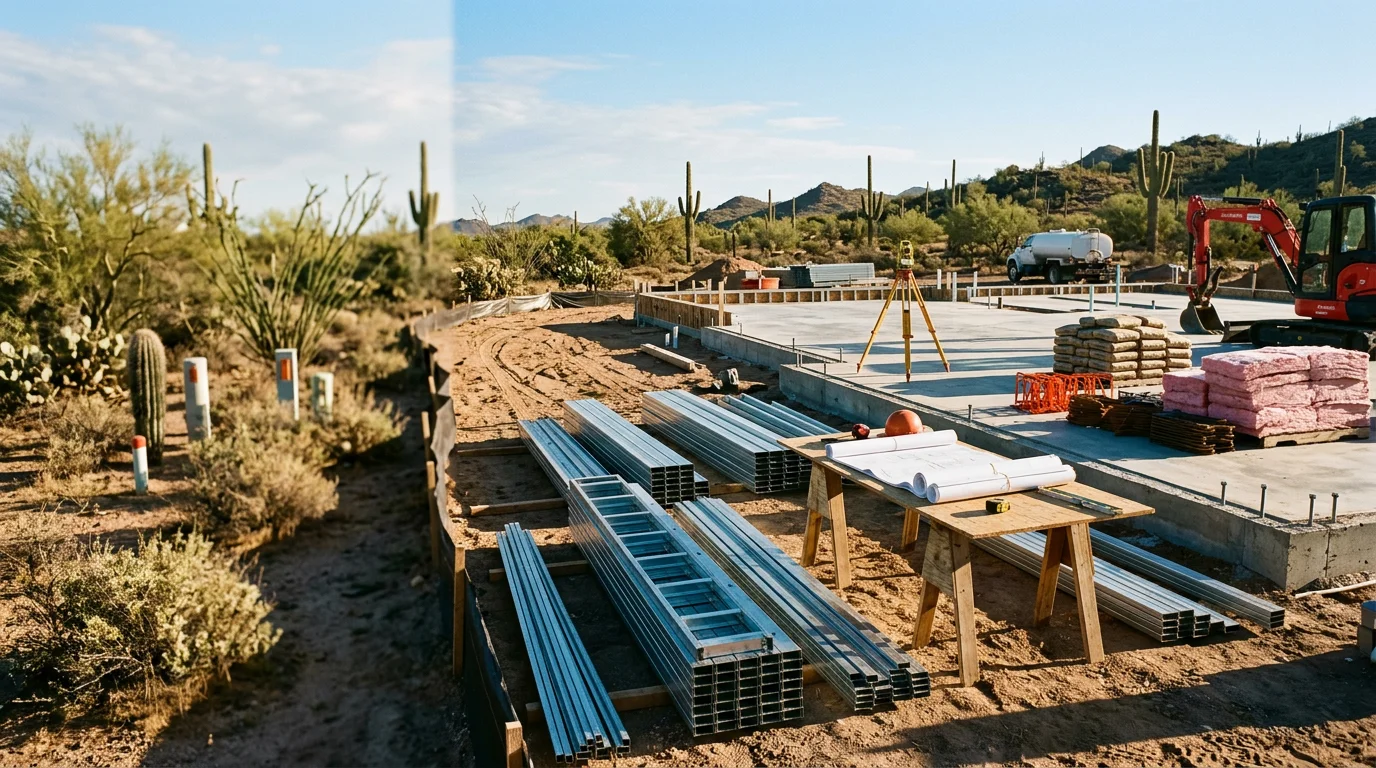 A newly completed custom home in Peoria, Arizona, with a desert-adapted exterior, covered entryway, and clean modern lines suited to the Southwest climate. The home sits on a finished lot reflecting the style and layout choices of the homeowner.