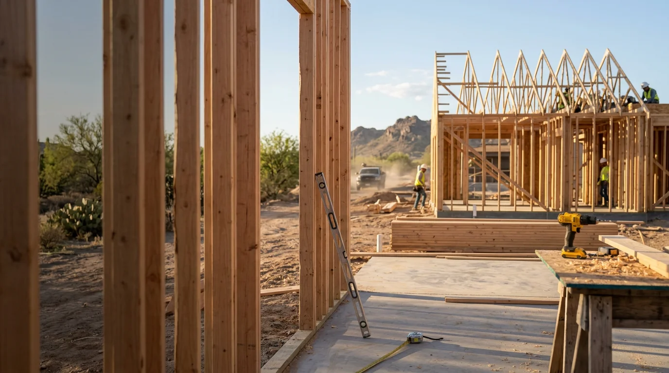 A newly constructed single-family home in Peoria, Arizona, with a desert-appropriate exterior and clear blue sky overhead. The home is shown at the completed stage with a finished facade, representing new home construction by a local general contractor.
