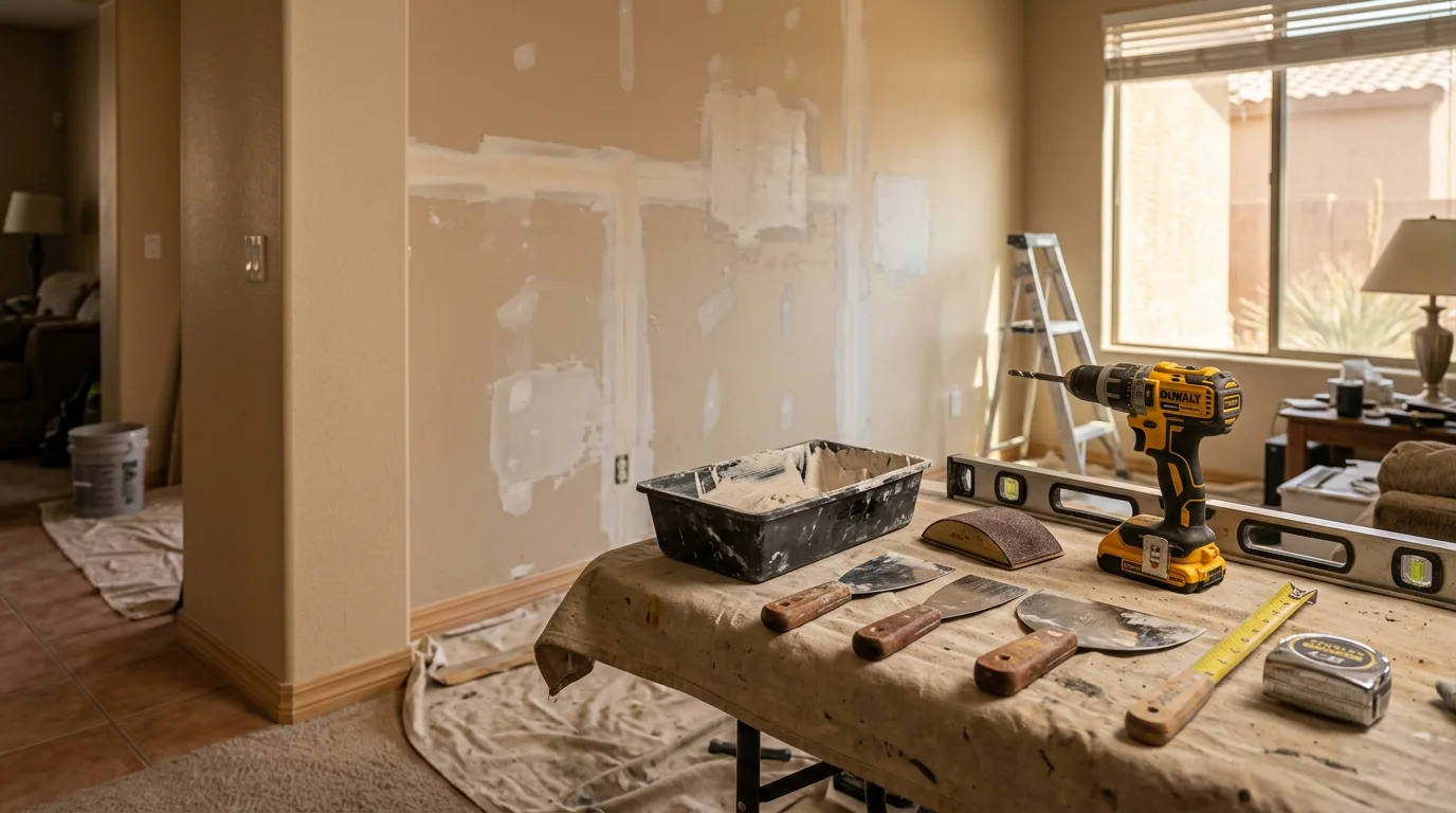 A repaired exterior wall on a single-family home in Peoria, Arizona, showing clean finished surfaces under bright desert sunlight. A general contractor inspects the completed work on a residential property in the Phoenix metro area.