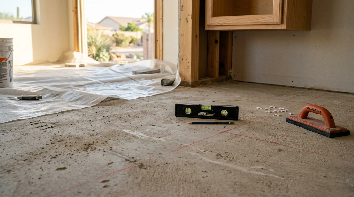 Freshly installed flooring in a single-family home in Peoria, Arizona, showing a clean, level surface running through an open living area. The room reflects a typical desert-region home interior with natural light and neutral tones.