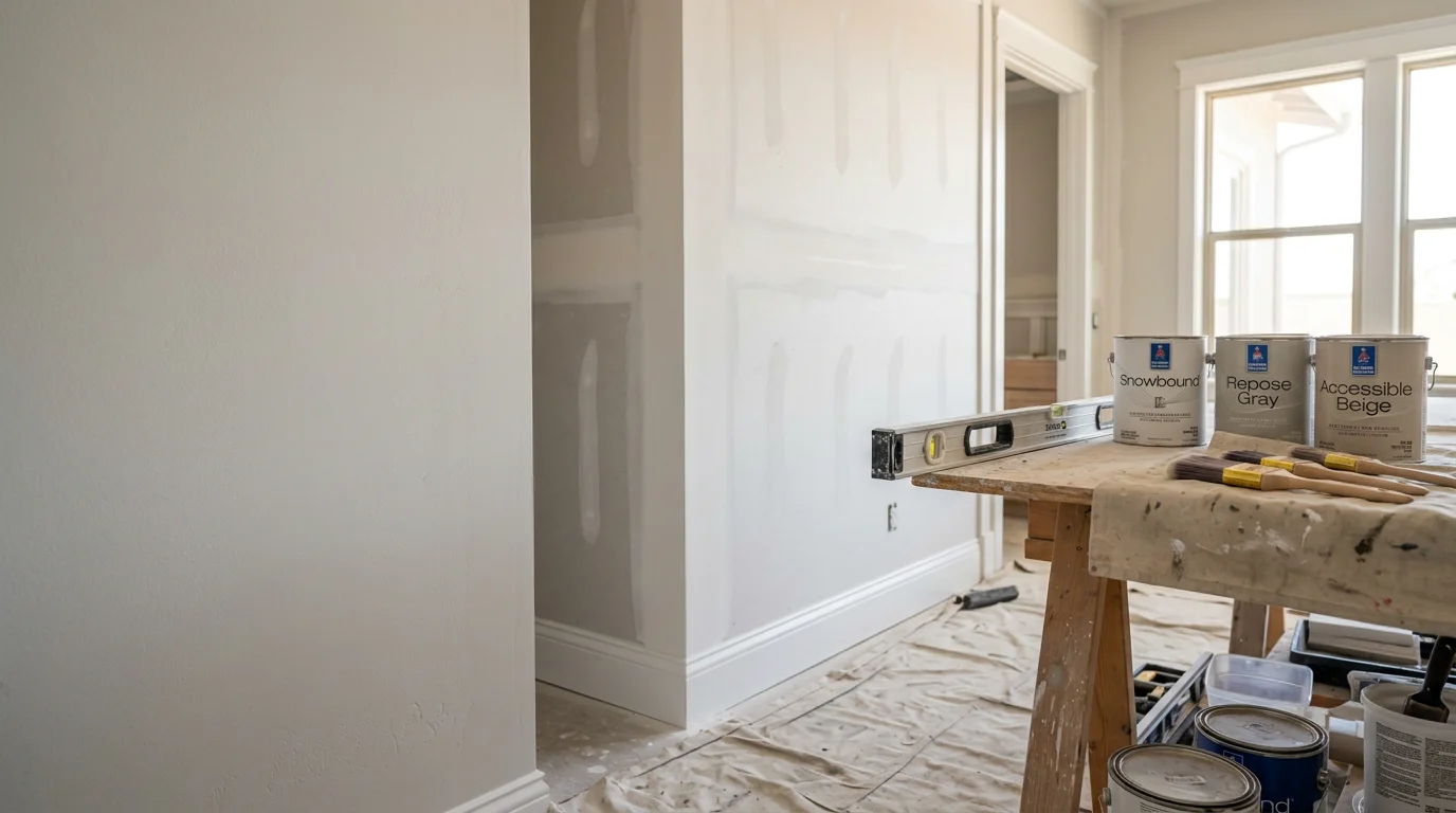 Freshly finished interior of a custom home in Peoria, Arizona, showing clean trim work, interior door casings, and smooth wall surfaces ready for occupancy. Wide-angle view of an open living area with consistent finish details throughout.