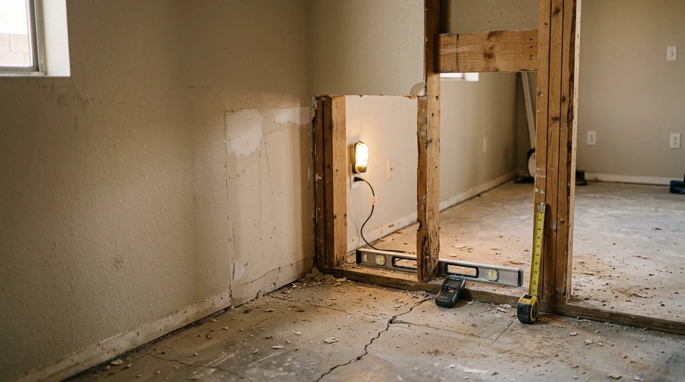 Interior of a Peoria area home showing repaired load-bearing wall framing with restored drywall and level floors. Structural repair work completed by Modern Design Construction in the greater Phoenix region.