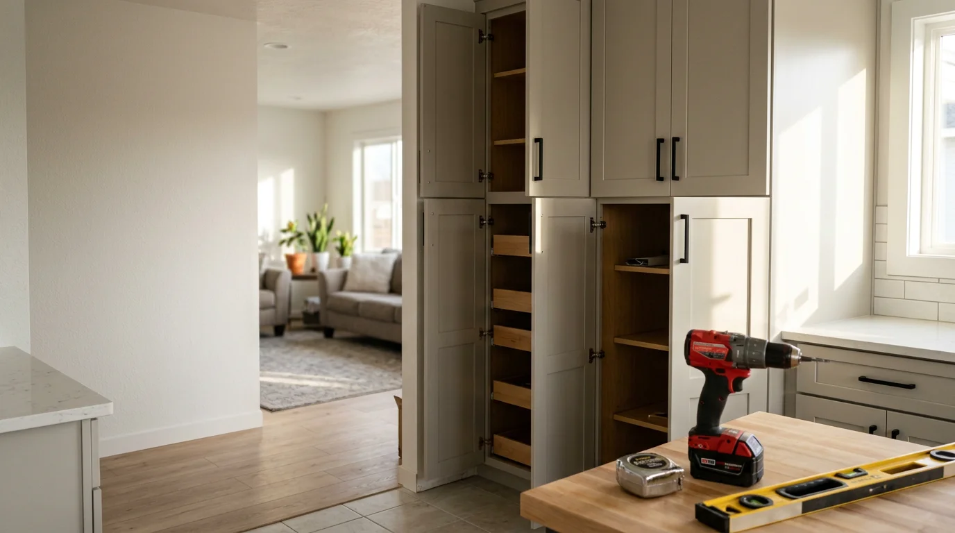 Newly installed kitchen cabinets in a Peoria, Arizona home with an open-concept layout, showing upper and base cabinet runs with consistent alignment and finished hardware. General contractor installation serving the West Valley area.