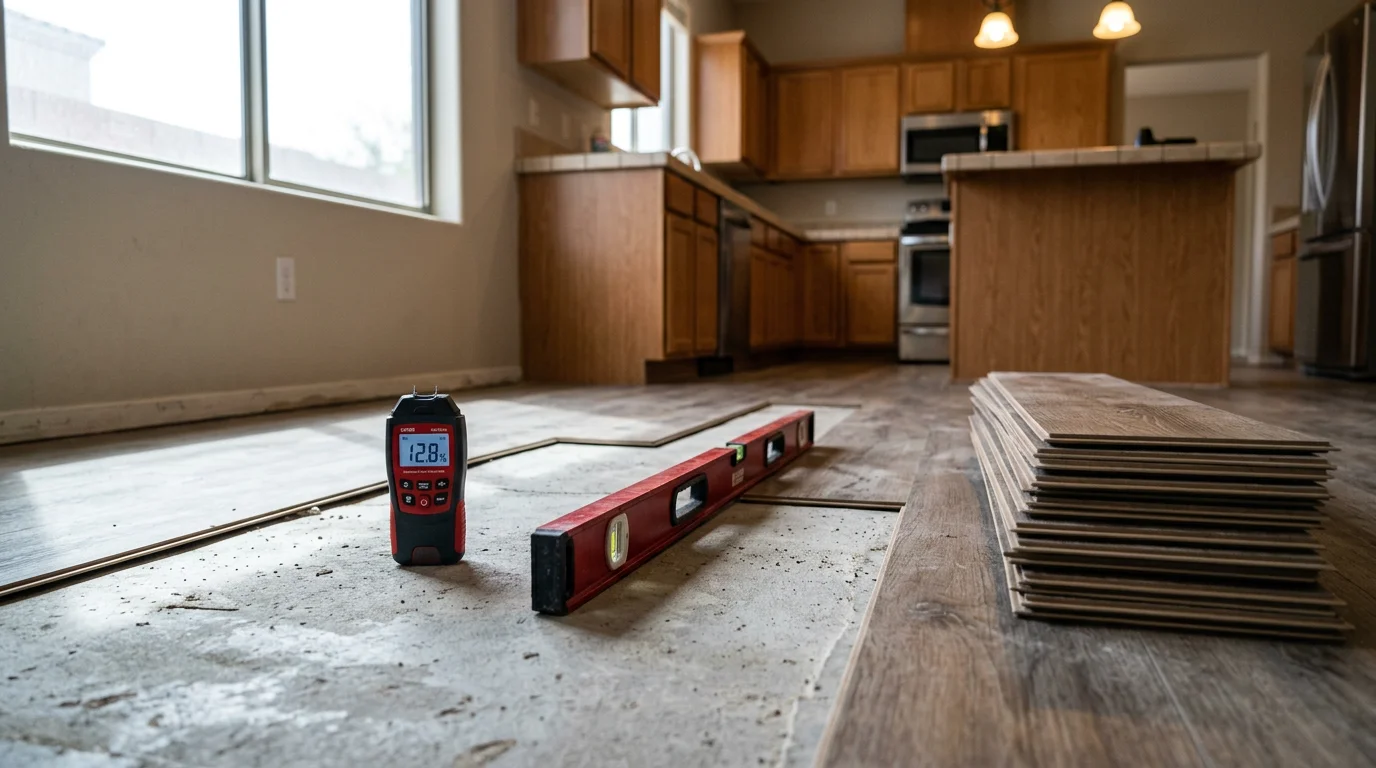 Newly installed kitchen flooring in a Peoria, Arizona home, showing clean edges along base cabinets and a smooth surface extending toward an open living area. The floor reflects the warm earth tones common in Phoenix-area kitchen designs.