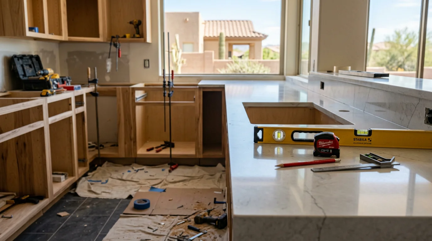 A remodeled kitchen in a Peoria, Arizona home featuring updated cabinetry, new countertops, and an open layout with desert-ready finishes. The space shows a clean, functional design completed by Modern Design Construction for a Phoenix metro homeowner.