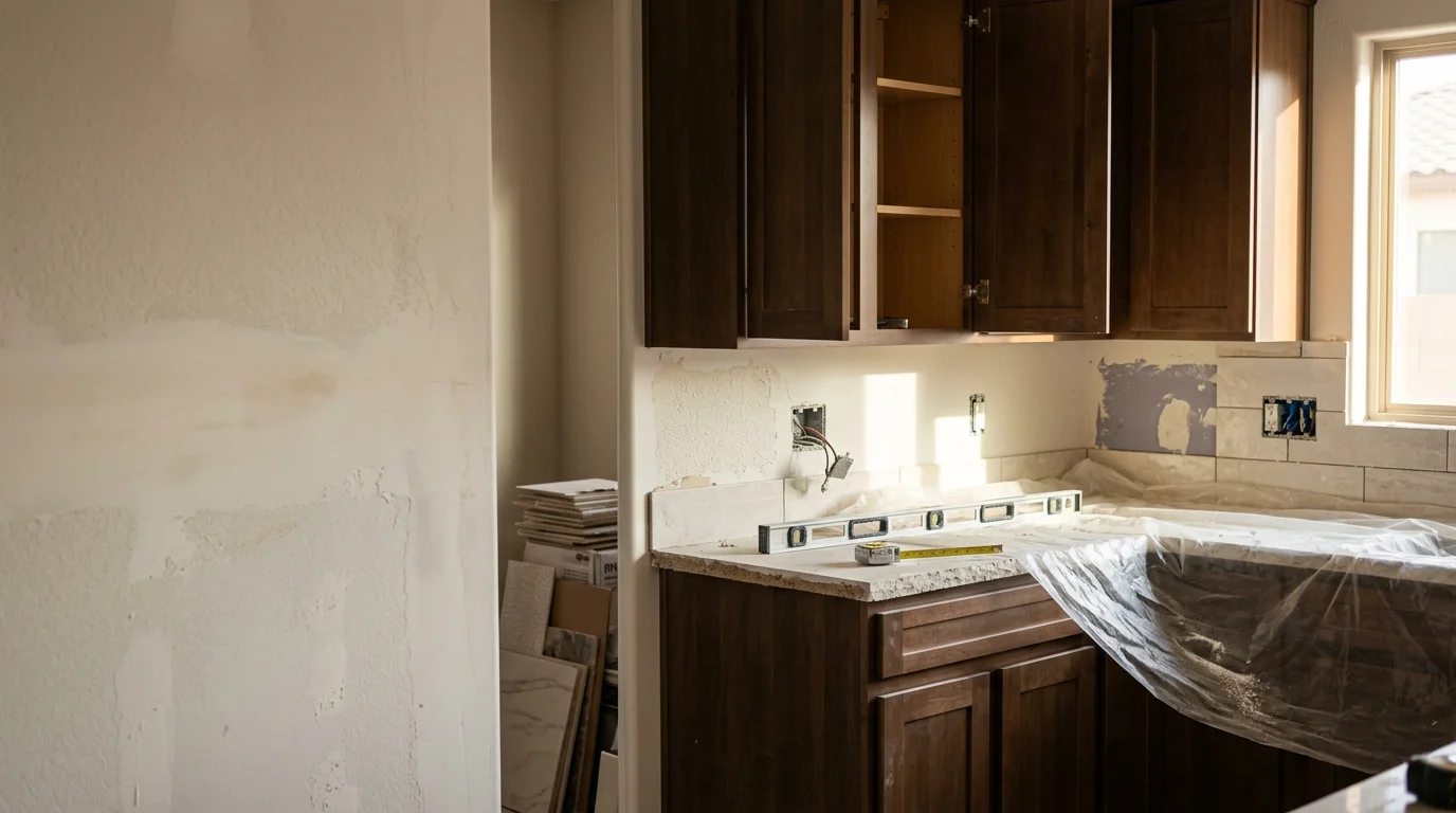 A remodeled kitchen in a Peoria, Arizona home featuring updated cabinetry, new countertops, and improved lighting. The open layout connects the kitchen to the main living area in a single-story desert home.