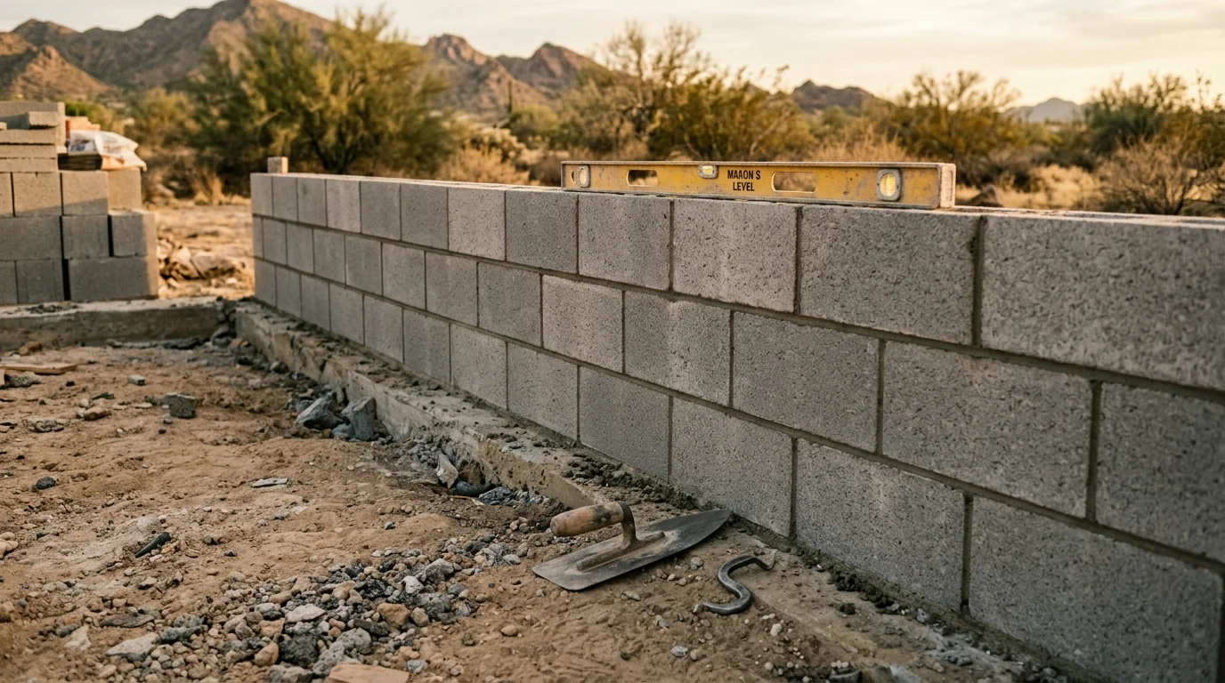 Newly installed concrete block privacy wall with a stucco finish on a residential property in Peoria, Arizona. The wall runs along a desert landscaped yard under a clear blue sky.