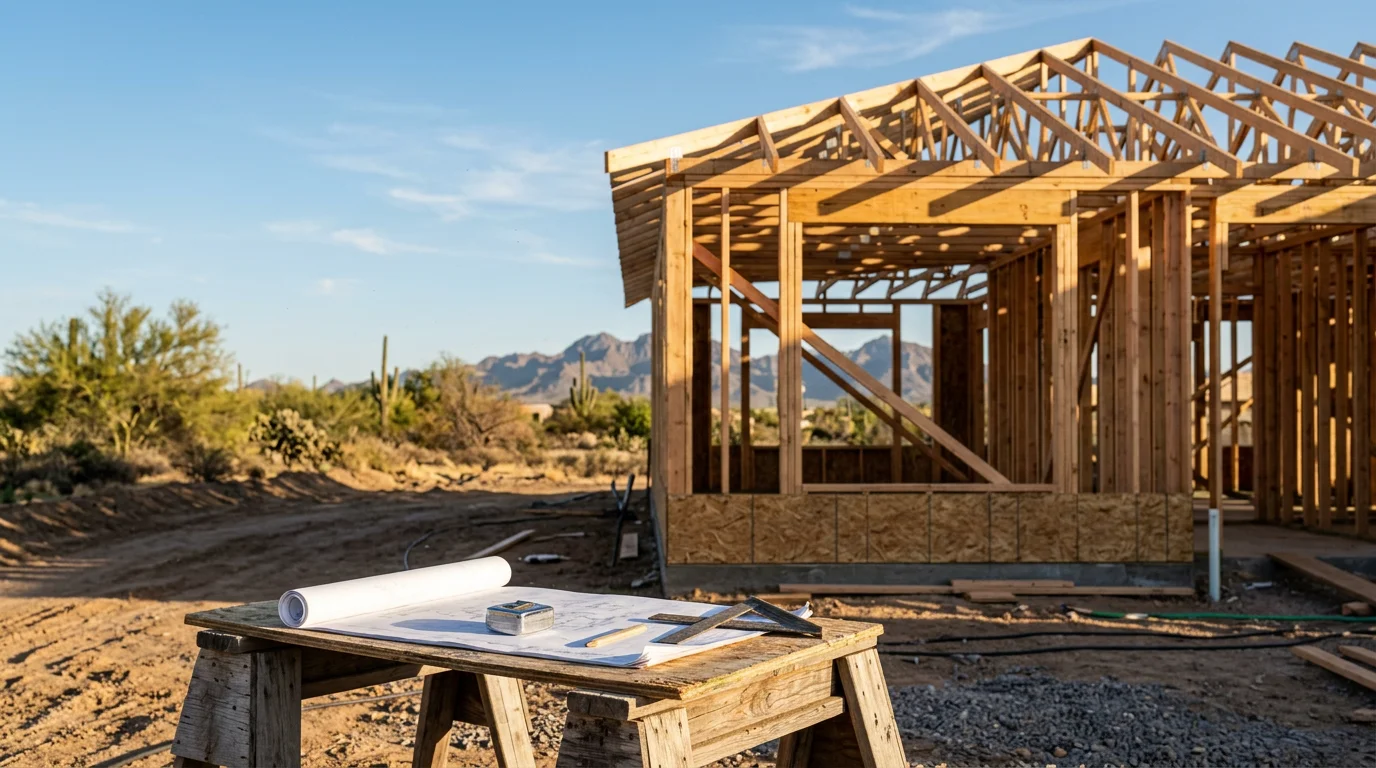A newly constructed single-family home in Peoria, Arizona, with a desert-climate exterior and clean modern lines. The home sits on a finished lot in the northwest Valley with a clear blue Arizona sky in the background.