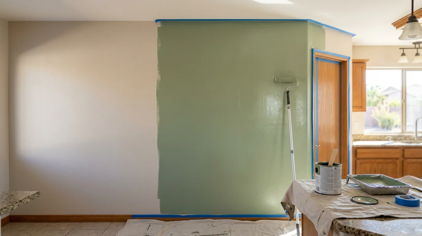 Freshly painted interior living room in a Peoria, Arizona home with smooth walls, clean trim lines, and consistent color from floor to ceiling. A Modern Design Construction interior painting project showing a completed residential space ready for move-in.