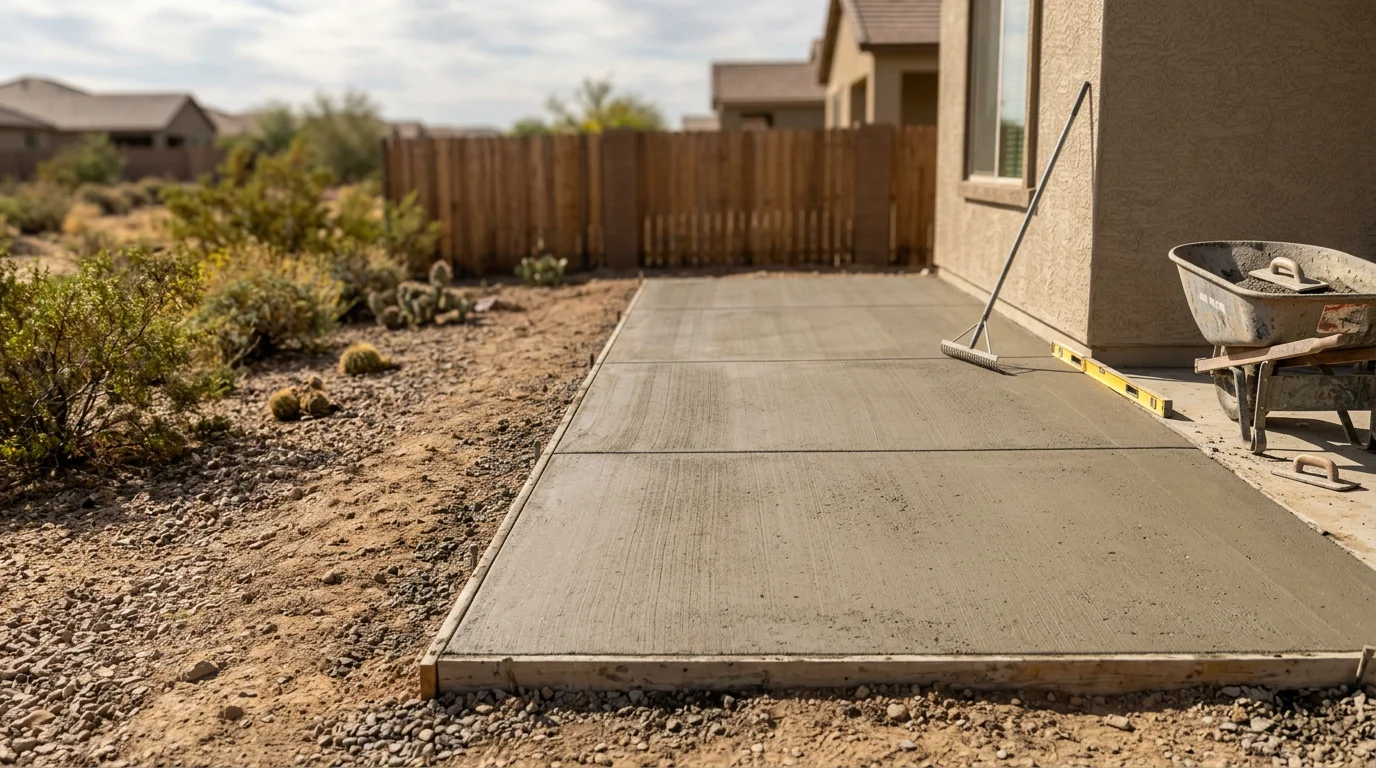 A finished custom patio in a Peoria, Arizona backyard with a covered shade structure and clean concrete surface. The desert landscape and clear blue sky are visible in the background.