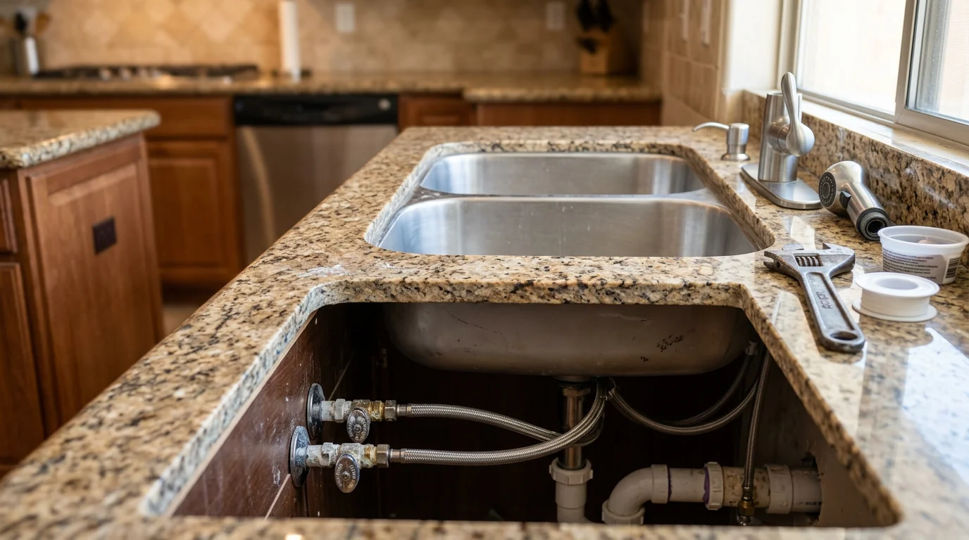 A newly installed kitchen sink and faucet set into a remodeled kitchen counter in a Peoria, Arizona home. Supply lines and drain connections are visible beneath the sink in a clean cabinet interior.