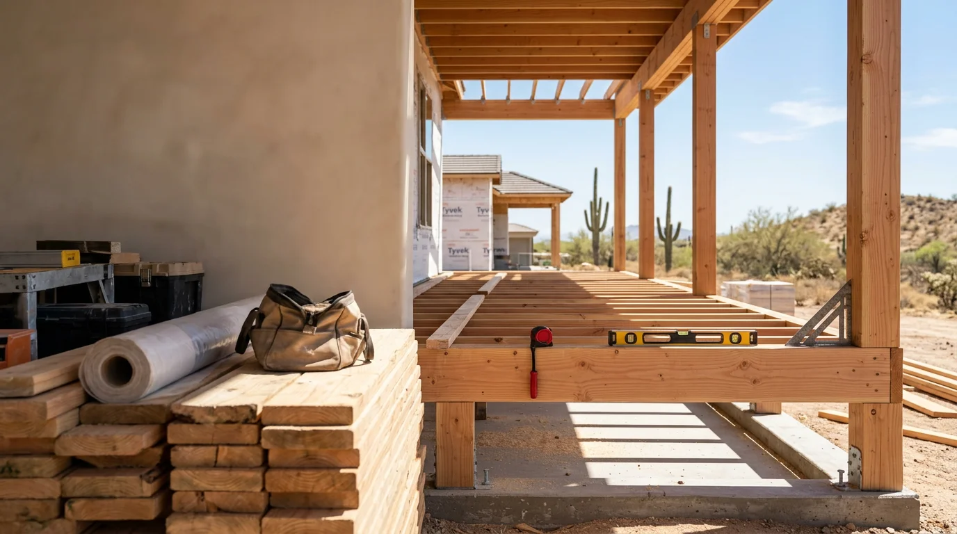 A newly constructed covered front porch on a single-family home in Peoria, Arizona, with clean framing and a finished floor suited to the desert climate. The structure extends across the front of the home and provides shade from the Arizona sun.