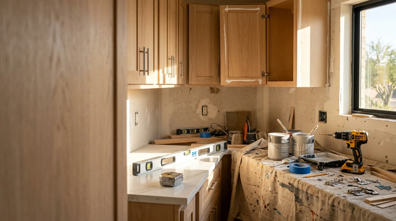 Remodeled kitchen interior in a Peoria Arizona home featuring updated cabinetry, new countertops, and a refreshed open layout. Modern Design Construction completed the project as part of a full interior remodel in the Phoenix metro area.