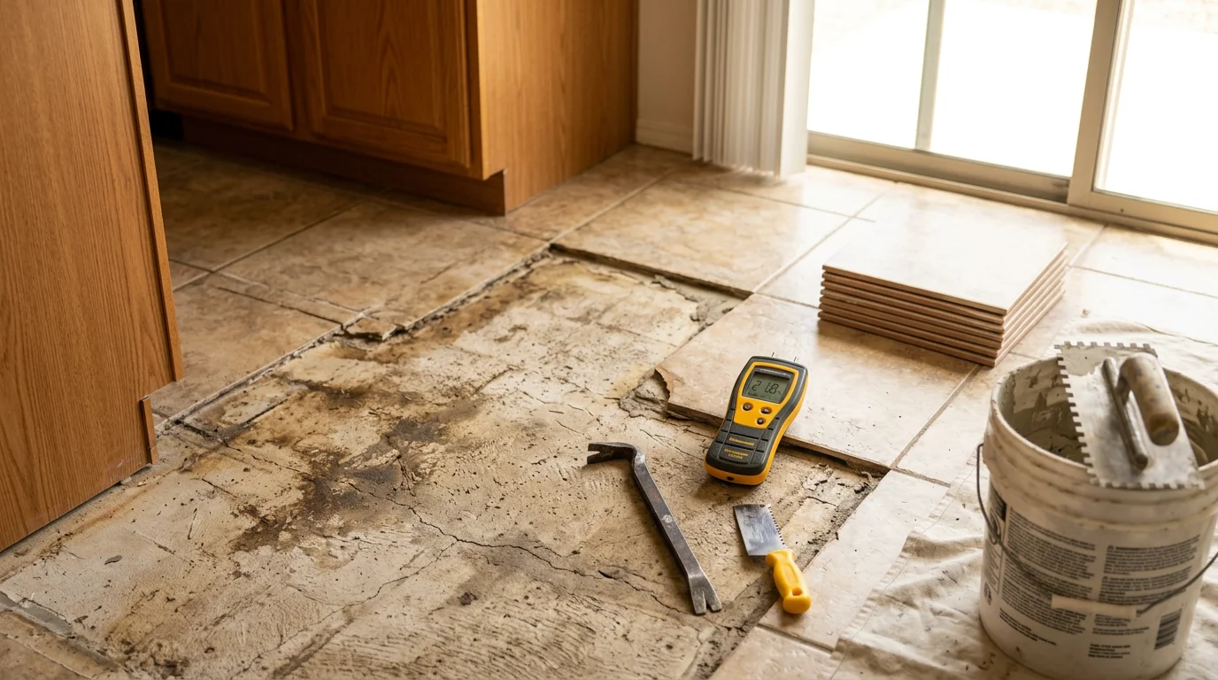 Repaired tile flooring in a Peoria, Arizona home showing clean grout lines and a smooth, even surface. The finished floor shows no cracking or separation, with consistent color across the repaired section.