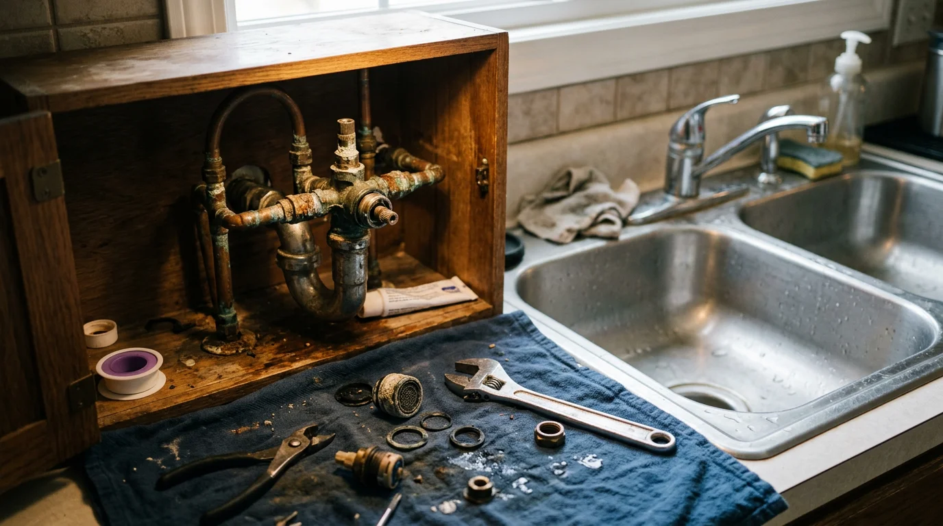 A repaired kitchen faucet with clear water flow in a Peoria home, showing clean fixture connections under the sink with no visible leaks or mineral buildup.