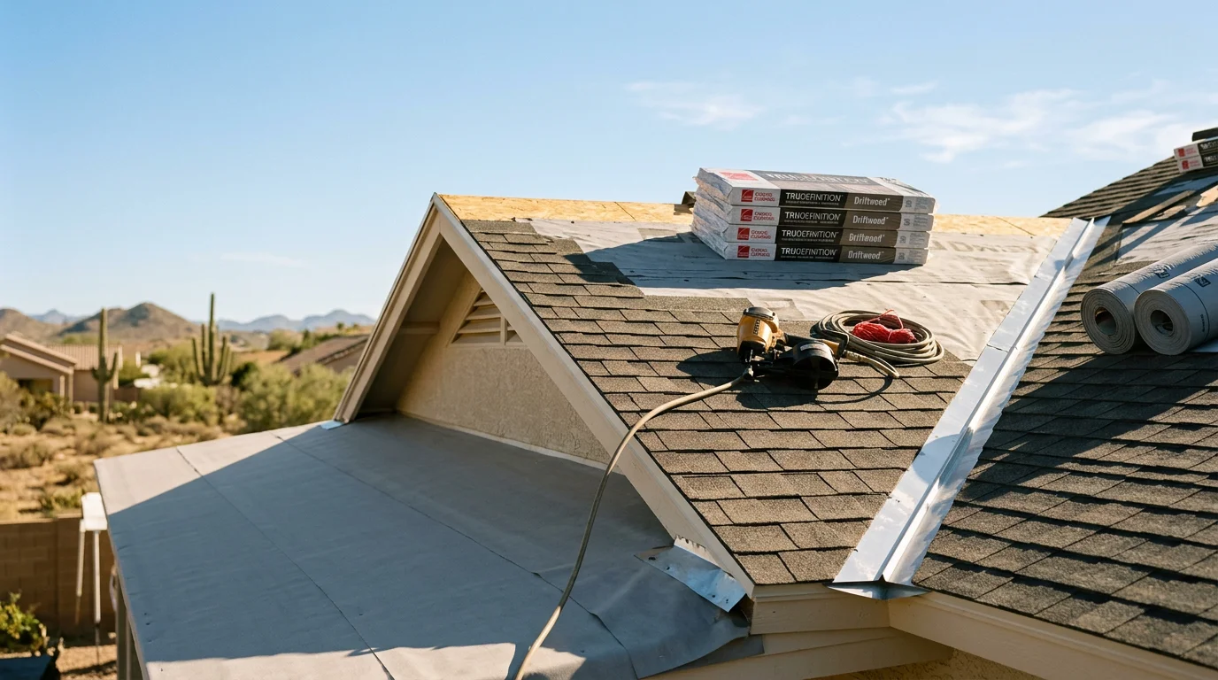 A newly installed residential roof on a single-story home in Peoria, Arizona, showing clean tile work and finished ridge lines against a clear desert sky. The surrounding neighborhood reflects the typical West Valley residential construction style.