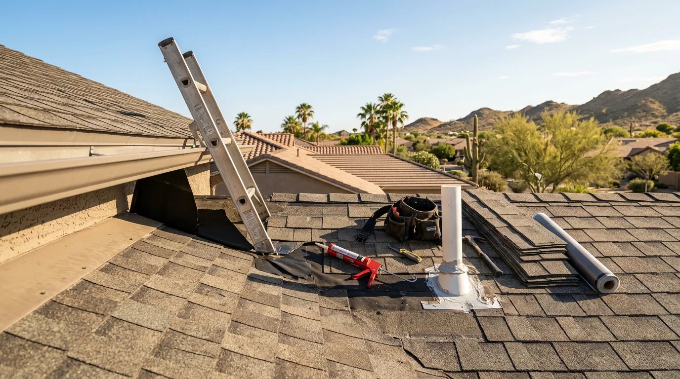 A contractor inspecting storm-damaged roof tiles on a residential home in Peoria, Arizona, with visible cracked and displaced materials along the ridge line. Bright desert sunlight highlights the repair area on a concrete tile roof typical of the West Valley.