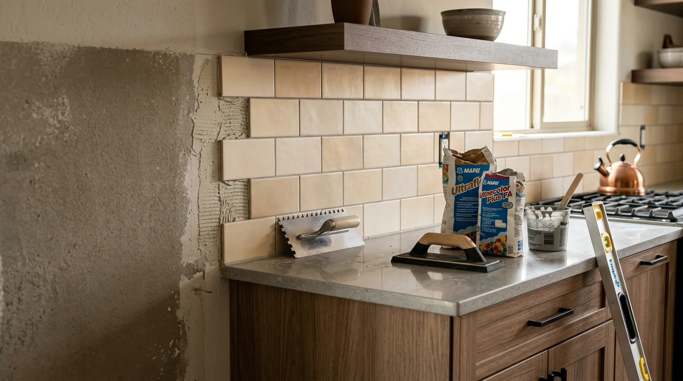 Freshly installed tile flooring and backsplash in a kitchen remodel completed by Modern Design Construction in Peoria, Arizona. Clean grout lines and a level surface show the finished result of a full tile installation project.