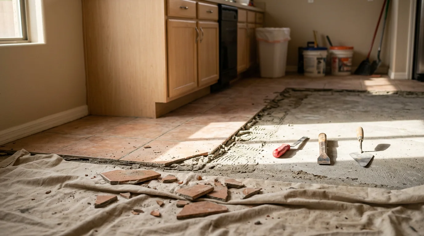 Freshly replaced kitchen floor tile in a Peoria, Arizona home, showing clean grout lines and a flat, even surface after full tile removal and reinstallation. The finished kitchen floor reflects the desert Southwest home style common across the Phoenix metro area.