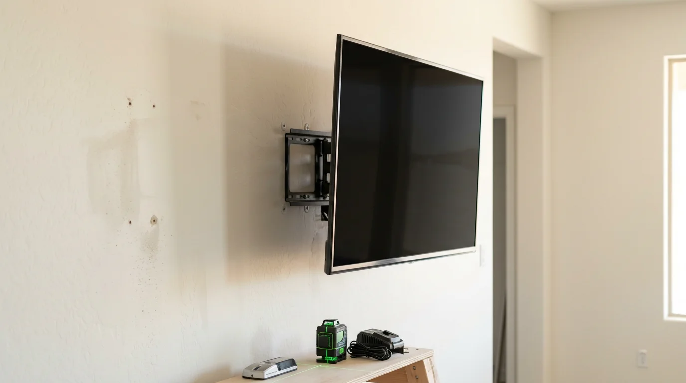 A large flat-screen TV mounted flush on an interior wall inside a Peoria, Arizona home, with cords fully concealed and no visible hardware. The room shows a typical Southwest-style living space with neutral walls and a clear sightline from the main seating area.