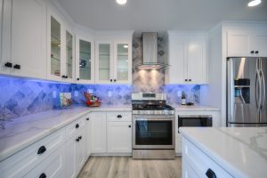 White Cabinets, Black Stainless Steel Appliances & Black drawer pulls and handles